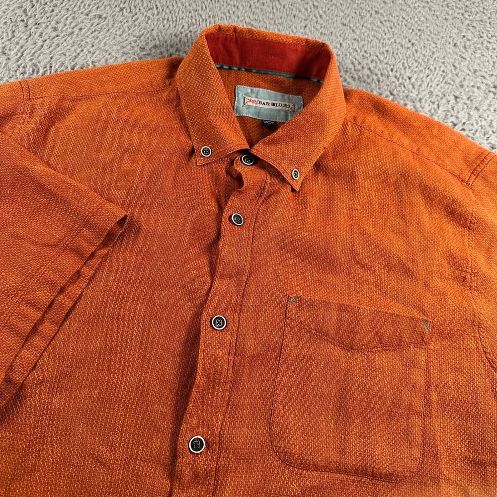 32 Bar Blues Shirt Mens L Orange Short Sleeve Button Up Linen Cotton Pocket‎